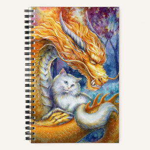 Feuriger Drache und weiße Katze Fantasy-Aquarellku Notizbuch