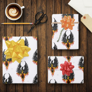 Feuriger Phönix aufsteigende Feuer Vogel schwarze Geschenkpapier Set