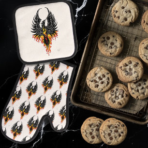 Feuriger Phönix aufsteigende Feuer Vogel schwarze Ofenhandschuh & Topflappen-Set
