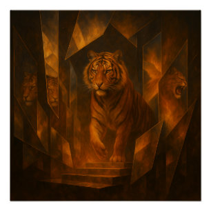 Feuriger Tiger in einem Labyrinth aus zerbrochenen Poster