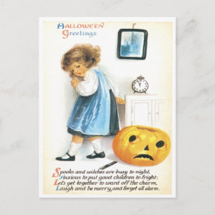Feuriges kleines Mädchen und Kürbiskürbis Vintage  Postkarte