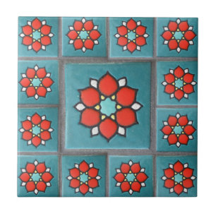 Feuriges Orange und Teal Vintage-Blumenmuster Fliese