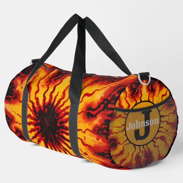 Feuriges Tie Dye Burst Monogramm Personalisiertes  Duffle Bag (Rechte Ecke)