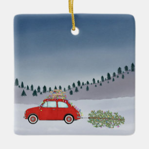 Fiat 500 Auto mit Weihnachtsbaum Wasserfarbe Keramikornament