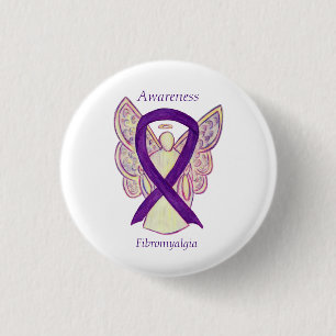 Fibromyalgia Awareness Angel Ribbon Custom Art But Button