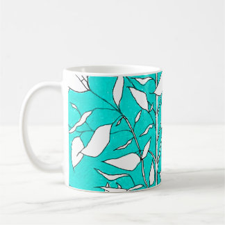 Ficusbaum-Pflanze Linienzeichnung blauer Hintergru Kaffeetasse