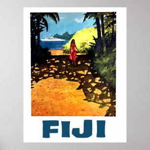 Fidschi, Frau an der Tropenküste und Touristenschi Poster