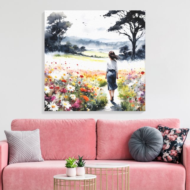 Field of Dreams – Watercolor Woman in Wildflower M Leinwanddruck (Insitu (Wohnzimmer))