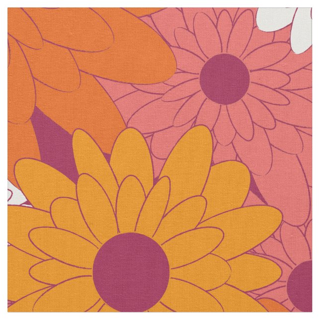 Field of Flowers Pink Retro Print Stoff (Nahaufnahme)