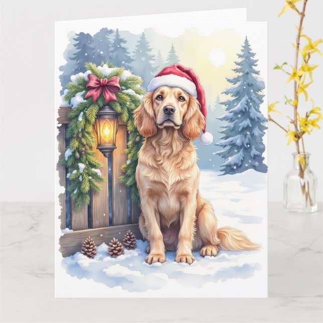 Field Spaniel Snowy Fence Santa Hat Christmas Art Karte (Gelbe Blume)