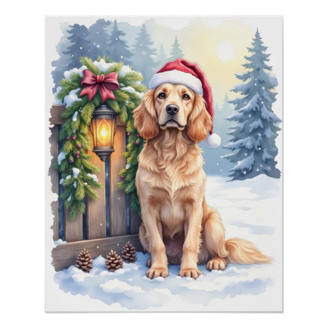 Field Spaniel Snowy Fence Santa Hat Christmas Art Poster (Vorderseite)