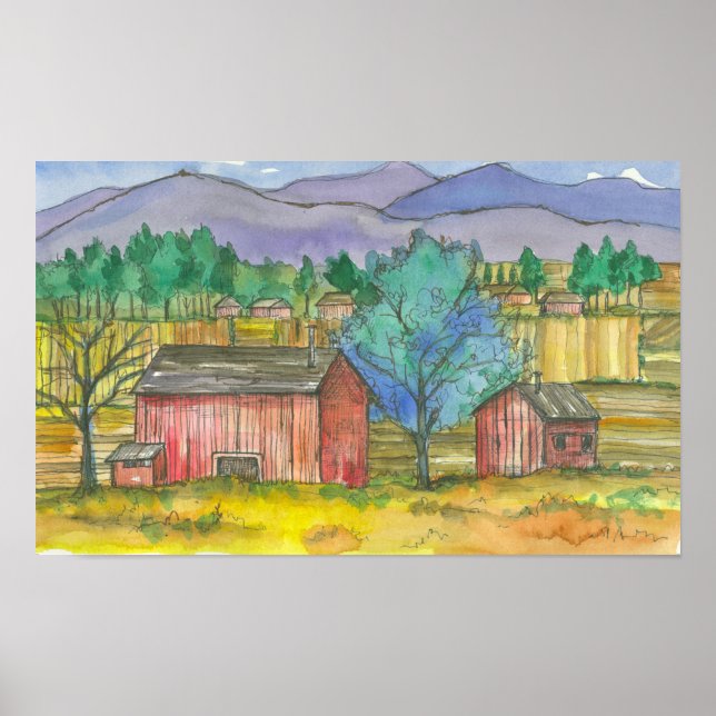 Fields Red Barns Watercolor Landschaft Poster (Vorne)