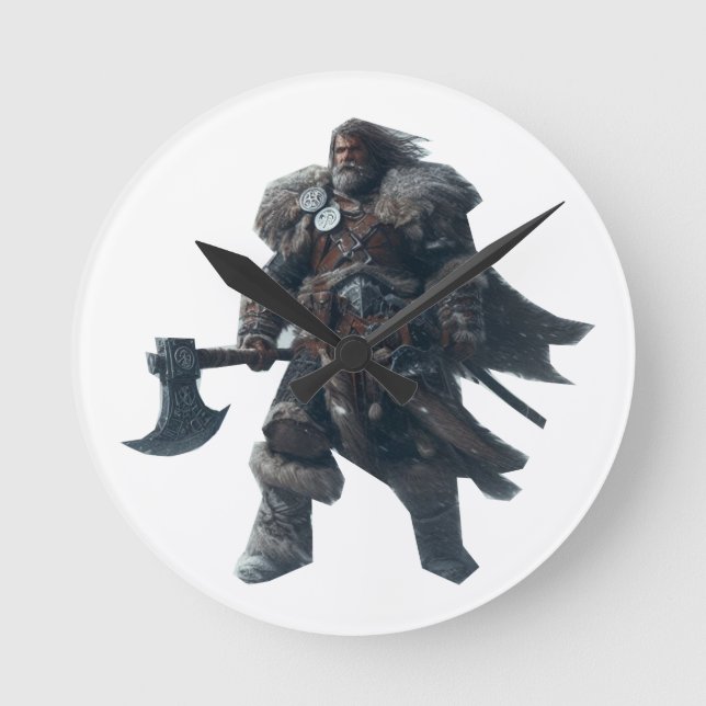 Fierce Barbarian Warrior mit antikem Ax Runde Wanduhr (Vorderseite)