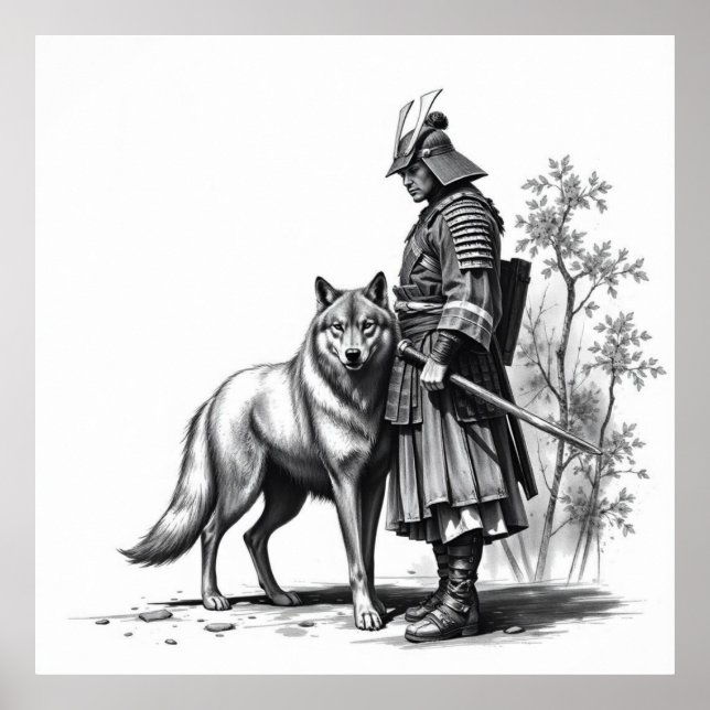 Fierce Bond: Samurai und Wolf Holzkohle Kunst Poster (Vorne)