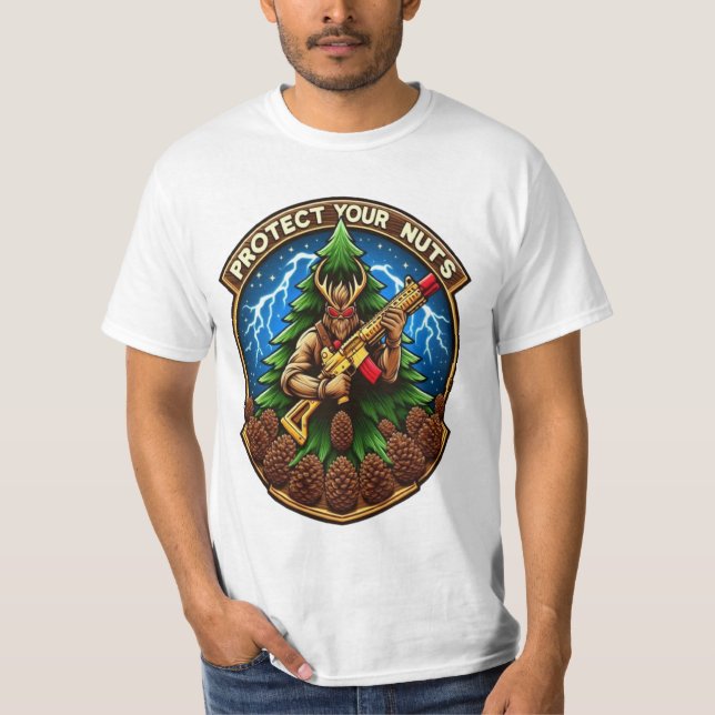 Fierce Cartoon Eichhörnchen verteidigen Pine Cones T-Shirt (Vorderseite)