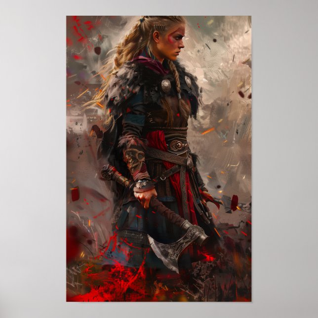 Fierce Female Viking Warrior Holding Viking Ax Pos Poster (Vorne)