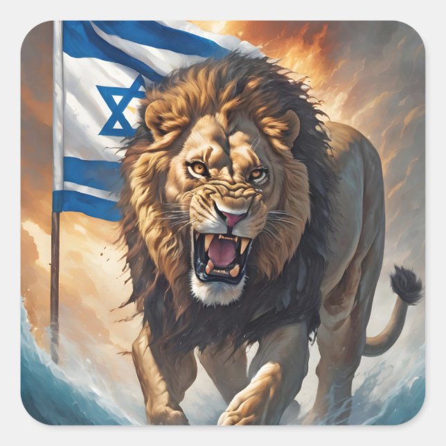 Fierce Lion mit israelischer Flagge Quadratischer Aufkleber (Vorderseite)