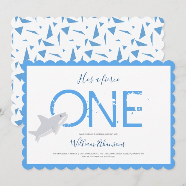 Fierce One Blue White Shark Animal First Birthday Einladung (Vorne/Hinten)