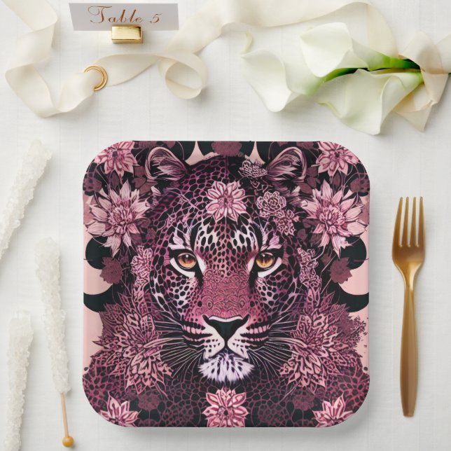 Fierce Pink Leopard Face Floral Pappteller (Hochzeit)