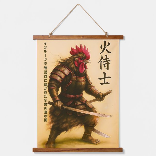 Fierce Rooster Samurai Warrior - Japanischer Tinte Wandteppich Mit Holzrahmen (Vorderseite)