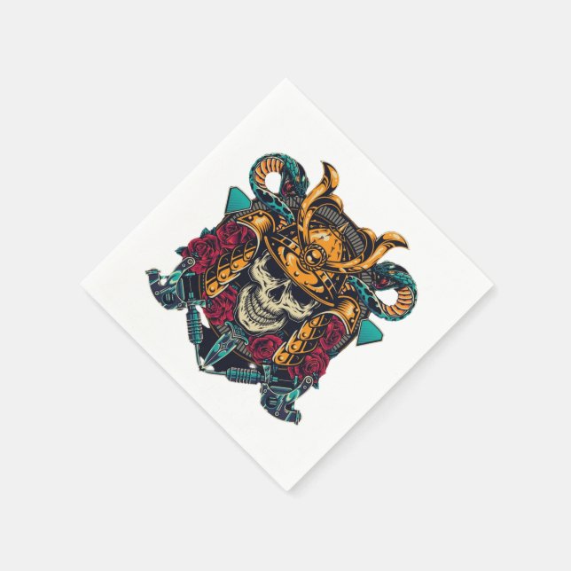 Fierce Samurai Skull Vintages Tattoo Art Serviette (Ecke)