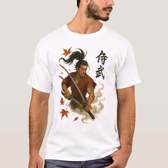 Fierce Samurai Warrior - Dual Katana Ink Art Desig T-Shirt (Vorderseite)