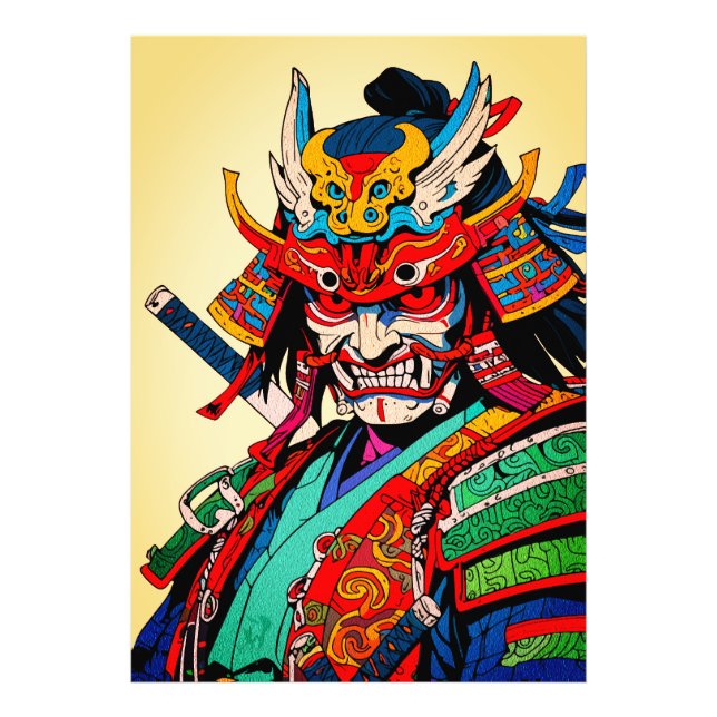Fierce Samurai Warrior - farbenfrohe japanische Bu Fotodruck (Vorne)