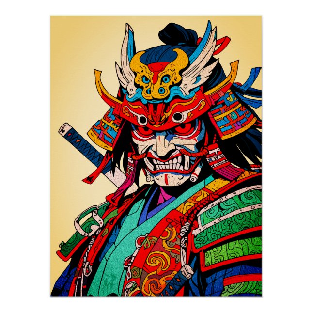 Fierce Samurai Warrior - farbenfrohe japanische Bu Poster (Vorderseite)