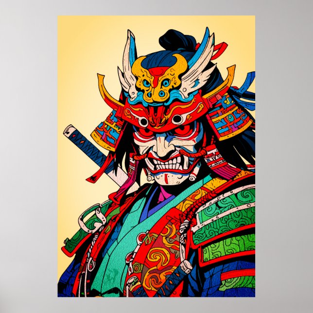 Fierce Samurai Warrior - farbenfrohe japanische Bu Poster (Vorne)