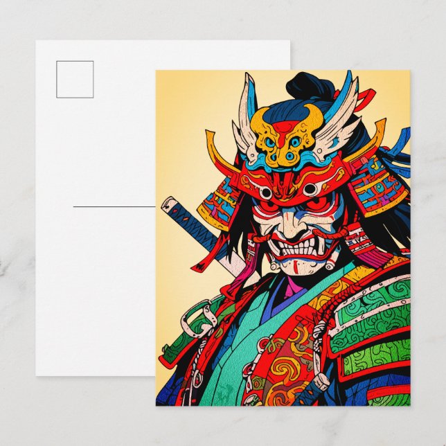 Fierce Samurai Warrior - farbenfrohe japanische Bu Postkarte (Vorne/Hinten)
