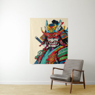 Fierce Samurai Warrior - farbenfrohe japanische Bu Wandteppich