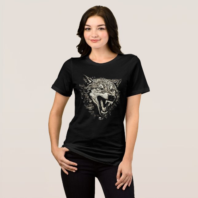 Fierce Snarling Wolf Head Illustration Tri-Blend Shirt (Vorderseite voll)