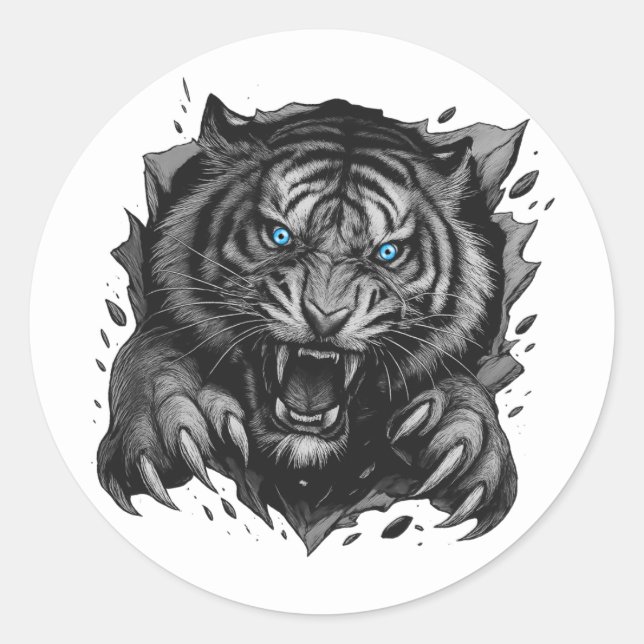 Fierce Tiger Durchbruch: Bold & Wild Runder Aufkleber (Vorderseite)