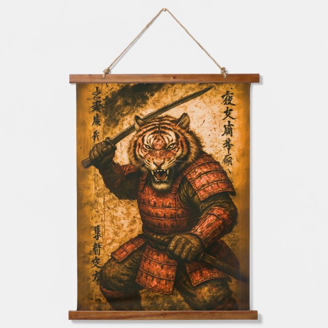 Fierce Tiger Samurai Warrior - Japanischer Tintens Wandteppich Mit Holzrahmen (Vorderseite)