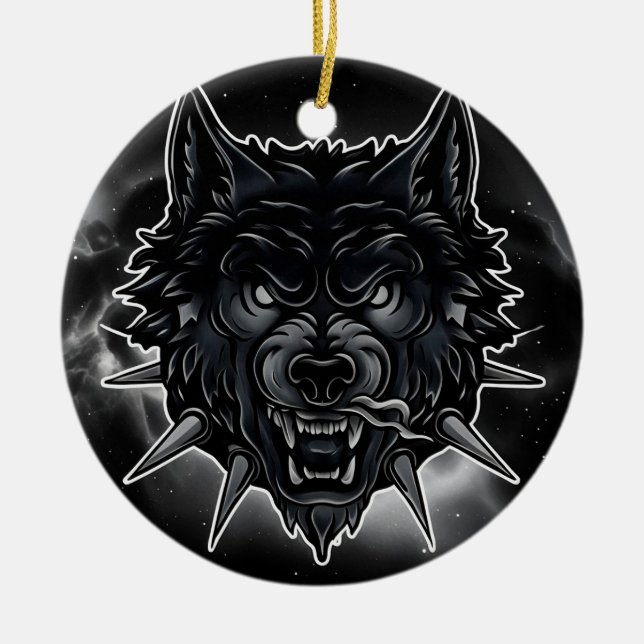 Fierce Wolf Illustration mit Spiked Collar Keramik Ornament (Vorne)