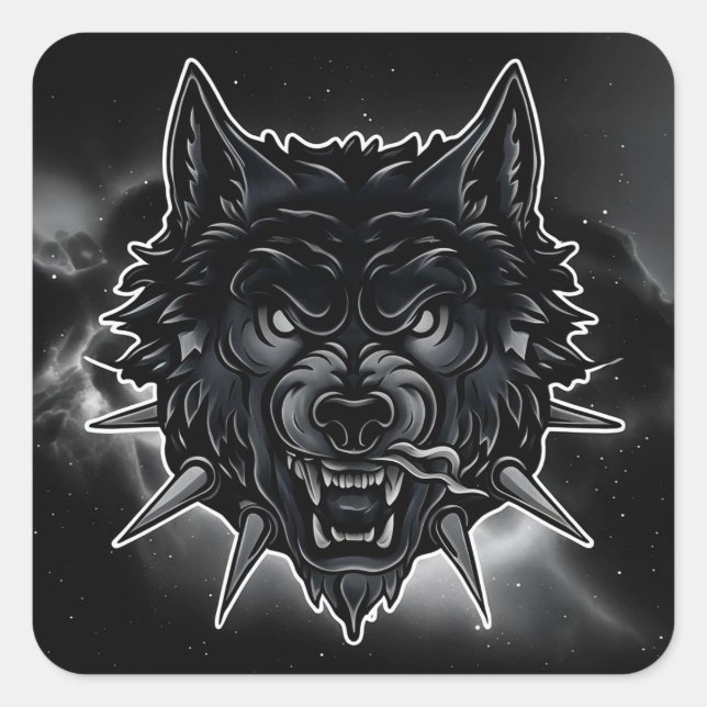 Fierce Wolf Illustration mit Spiked Collar Quadratischer Aufkleber (Vorderseite)