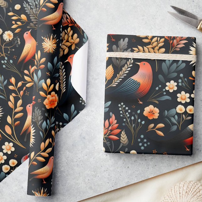 Fiery Autumn Elegance Wild Birds & Florals, Black Geschenkpapier (Von Creator hochgeladen)