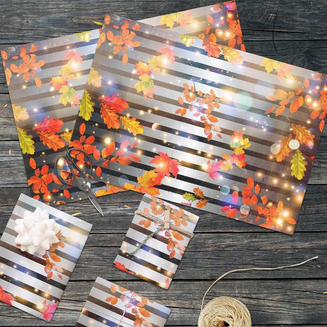 Fiery Autumn Foliage Silver Black Strip Glamour Geschenkpapier Set (Von Creator hochgeladen)