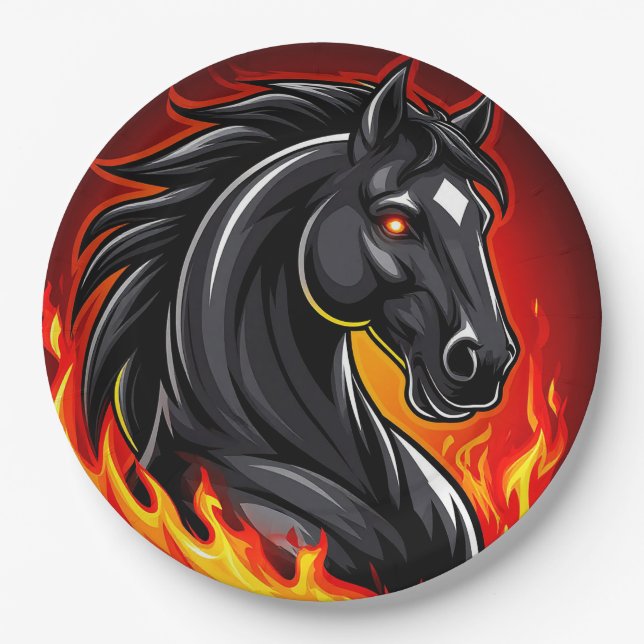 Fiery Black Horse Illustration mit leuchtenden Aug Pappteller (Vorderseite)