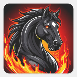 Fiery Black Horse Illustration mit leuchtenden Aug Quadratischer Aufkleber