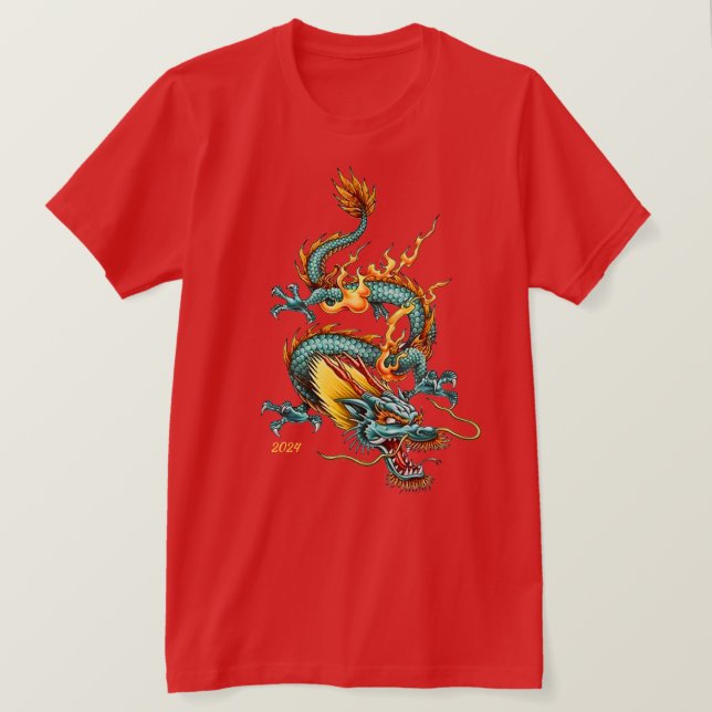 Fiery Blue Dragon of Prosperity Chinesisches Neuja T-Shirt (Design vorne)