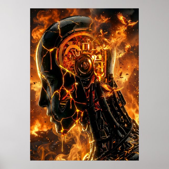 Fiery Cybernetic Phoenix Cracked Robot Head Poster (Vorne)
