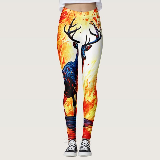 Fiery Deer Stance-Crimson Stag Scene Leggings (Vorderseite)