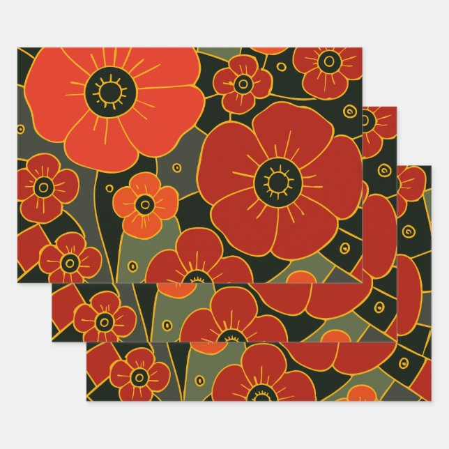 Fiery Garden – Stylized Poppy Bloom Geschenkpapier Set (Set)