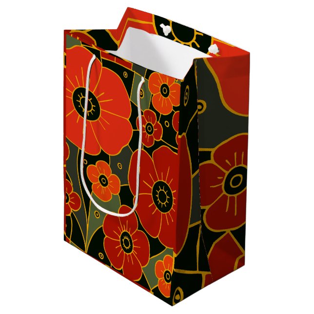 Fiery Garden – Stylized Poppy Bloom Mittlere Geschenktüte (Vorderseite Schrägansicht)