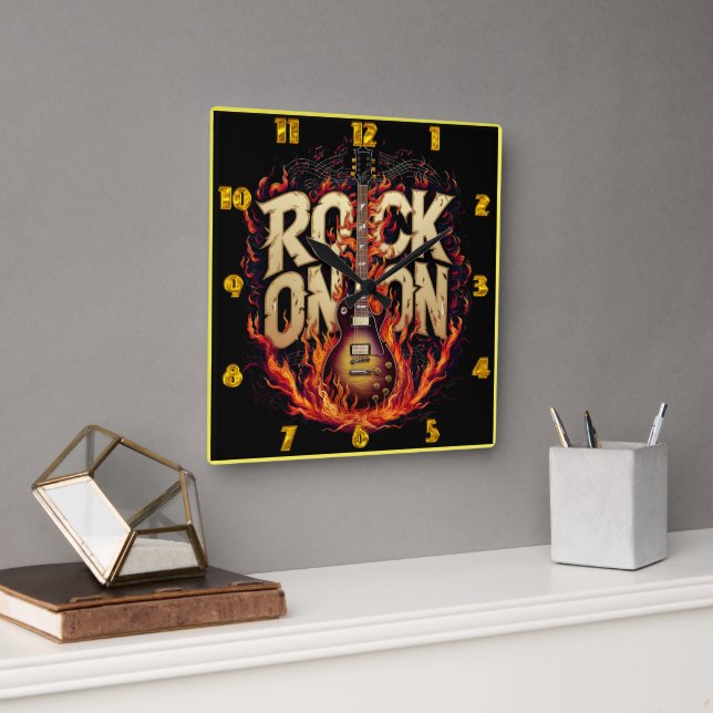Fiery-Gitarren-Artwork mit Rock-Design Quadratische Wanduhr (Büro)