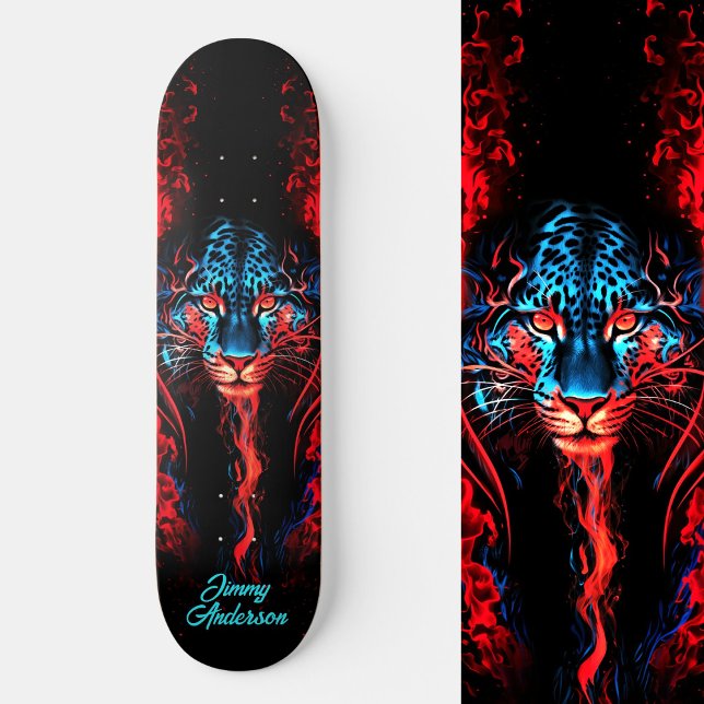 Fiery Glows Tiger Blue & Red Cool Style Skateboard (Fiery Glowing Tiger Blue & Red Cool Style Skateboard)