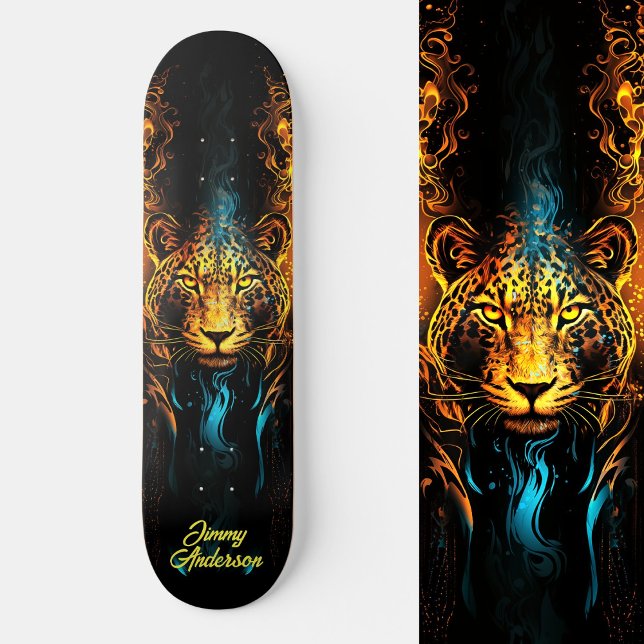 Fiery Glows Tiger Blue & Yellow Cool Style Skateboard (Fiery Glowing Tiger Blue & Yellow Cool Style Skateboard)