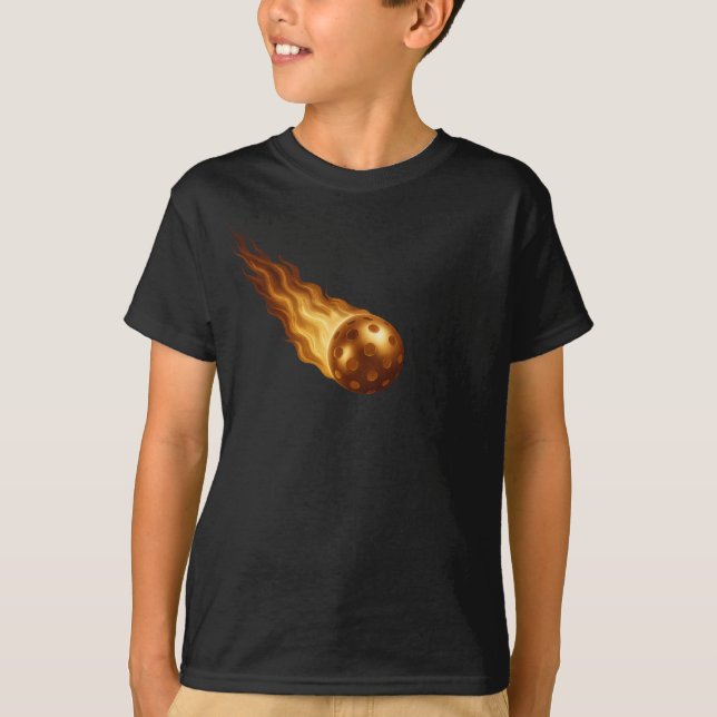 Fiery Golden Flames | Pickleball Player Kids Black T-Shirt (Vorderseite)