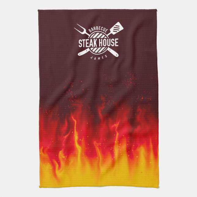 Fiery GRILLEN Kitchen Flames — Custom Steak House Geschirrtuch (Vertikal)